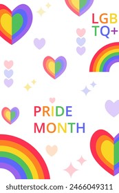 Abstract geometric poster for Pride Month with rainbow, colorful hearts and typography. Template for card, invitation, flyer, banner, cover