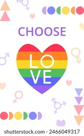 Afiche geométrico Abstractas para el Mes del Orgullo con corazón de arco iris, simbología de género y tipografía. Plantilla para tarjeta, invitación, folleto, Anuncio, cubierta