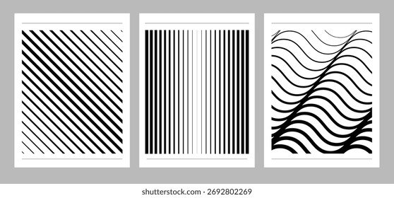 Abstract geometric poster set for background with line gradient. Modern cover template in minimalism and brutalism style for social media, banner. Perspective geometric prism shape wave, line, pattern