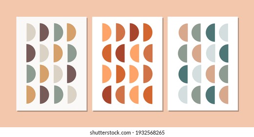 Abstract geometric poster set. Boho contemporary backgrounds in trendy mid century style. Geometric wall decor. Vector illustration.