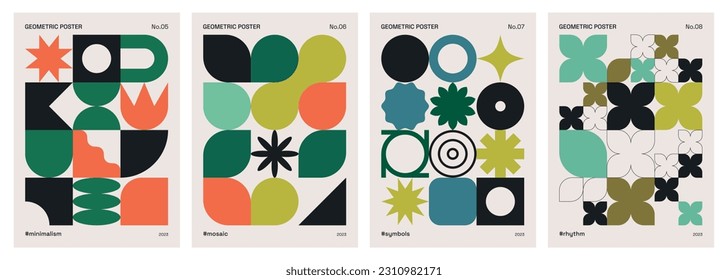 Abstract geometric poster set influenced by minimalism and modernism. Covers or artistic prints in neo geo and Bauhaus styles with circles, squares and geometrical shapes. Simple vector patterns.