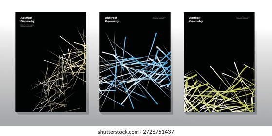 Conjunto de póster geométrico Abstractas con composición lineal sobre fondo negro.