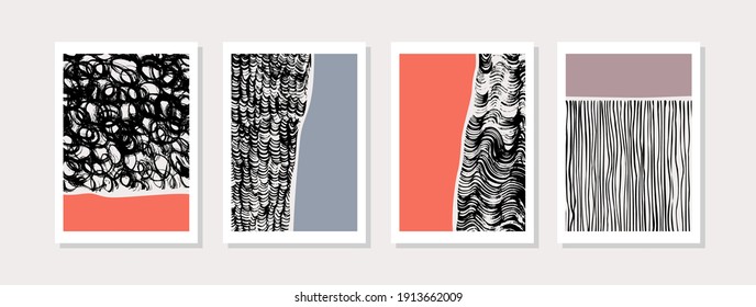 Abstract geometric poster set in modern mid century style. Minimal illustration with hand drawn textured brush stroke for minimalist print, cover, boho home decor, wallpaper design. Vector art