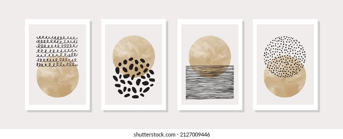 Abstract geometric poster set in modern mid century style. Minimal illustration with hand drawn textured brush stroke doodle for minimalist print, cover, boho home decor, wallpaper design. Vector art