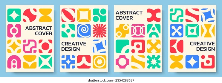 Abstract geometric poster set. Modern shapes pattern design. Geometry graphic elements template. Brochure cover background. Vector illustration.