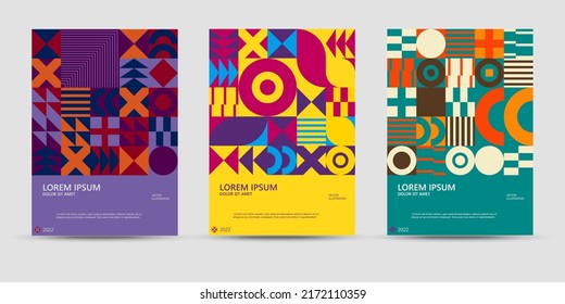 Abstract geometric posters. Bauhaus geometric backgrouns, vector circle, triangle, and square lines color art design. Contemporary vertical mosaic banners vector trendy set
