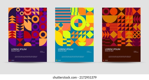 Abstract geometric posters. Bauhaus geometric backgrouns, vector circle, triangle, and square lines color art design. Contemporary vertical mosaic banners vector trendy set