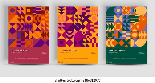 Abstract geometric posters. Bauhaus geometric backgrouns, vector circle, triangle, and square lines color art design. Contemporary vertical mosaic banners vector trendy set