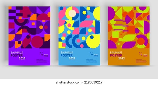 Abstract geometric posters. Bauhaus geometric backgrouns, vector circle, triangle, and square lines color art design. Contemporary vertical mosaic banners vector trendy set