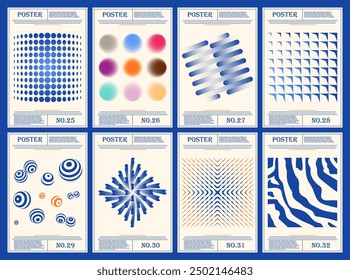 Abstractas carteles geométricos, diseños en azul y blanco, patrones dinámicos, líneas minimalistas. Ideal para el arte de la pared, Diseño gráfico, fondos de Web. 8 obras de arte de Vector, simetría, Gradientes, estética moderna.