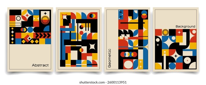 Abstract geometric posters with bold shapes in red, yellow, blue, and black with a vintage design set. The modern composition for wall art, graphic design projects, branding, editorial layouts.Vector