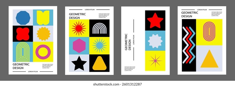 Abstract geometric posters. Brutalist forms. Swiss Design poster set. Bauhaus Print Patterns.