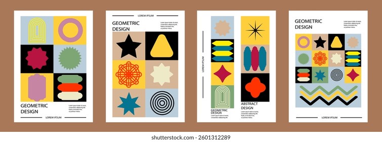 Abstract geometric posters. Brutalist forms. Swiss Design poster set. Bauhaus Print Patterns.