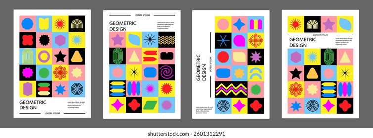 Abstract geometric posters. Brutalist forms. Swiss Design poster set. Bauhaus Print Patterns.