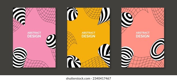 Abstract geometric posters collection. Design templates with 3d torus, cone, cylinder, sphere and wireframes elements. Set of minimalistic retro style covers, banners, invitations, flyers. Vector