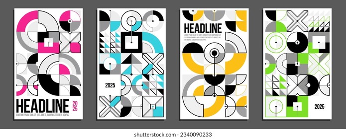 Abstract geometric posters and covers set, vector background pattern magazine or catalog templates, technic style geometric shapes composition.