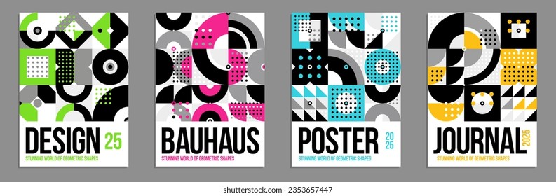 Abstract geometric posters and covers set, vector background pattern magazine or catalog templates, geometric shapes composition, retro 70s modernism style pattern.