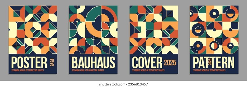Resumen de carteles y cubiertas geométricos establecidos en colores cerámicos nativos, revistas de patrones de fondo vectorial o plantillas de catálogo, composición de formas geométricas de estilo técnico.
