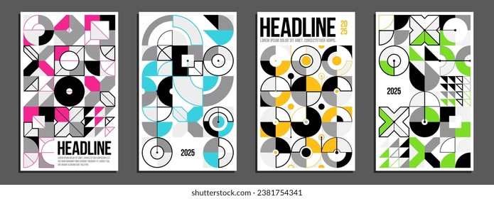 Abstract geometric posters and covers set, vector background pattern magazine or catalog templates, technic style geometric shapes composition.