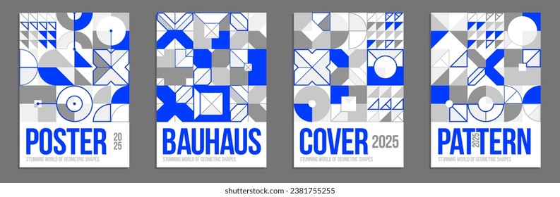 Abstrakte geometrische Plakate und Cover Set, Vektorhintergrundmuster Magazin oder Katalogvorlagen, Zusammensetzung geometrischer Formen im technischen Stil.