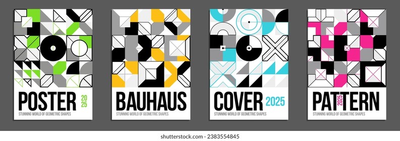 Abstract geometric posters and covers set, vector background pattern magazine or catalog templates, technic style geometric shapes composition.