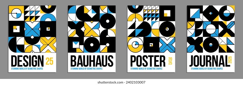 Abstract geometric posters and covers set, vector background pattern magazine or catalog templates, technic style geometric shapes composition.