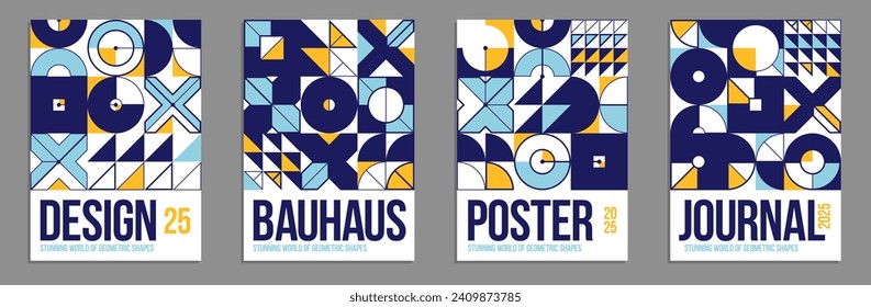 Abstract geometric posters and covers set, vector background pattern magazine or catalog templates, technic style geometric shapes composition.