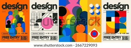 Abstract geometric posters with graphic lines, modern shapes, stylized creative people and minimal typography for design, background, social media, branding, events and contemporary art project