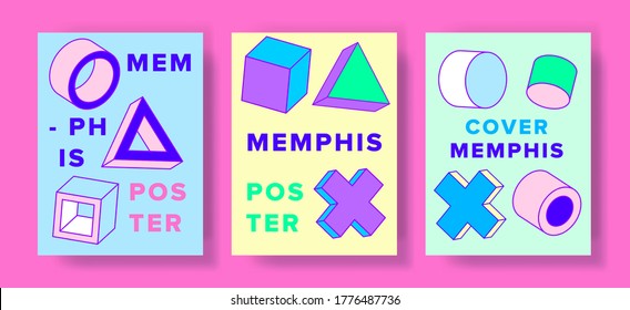 Abstract geometric posters in neo-memphis retro style. Minimalistic trendy covers for music or fashion event.