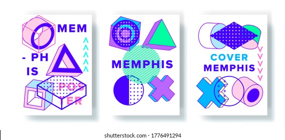 Abstract geometric posters in neo-memphis retro style. Minimalistic trendy covers for music or fashion event.