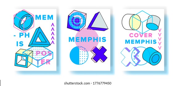Abstract geometric posters in neo-memphis retro style. Minimalistic trendy covers for music or fashion event.