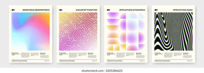 Abstract geometric posters with retro geometric pattern background. Vector abstract circle, triangle and square lines art for trendy bauhaus pattern background in op art