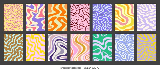 Abstract Geometric Posters Set. Cool Groovy Placards Vector Design. Y2k Trippy Wavy Textures Collection. Playful Funny Covers.