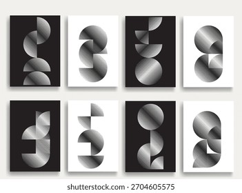 Cartazes geométricos abstratos definidos com texturas de linha fina - círculos geométricos modernos e padrão de semicírculos criados com linhas grossas e em negrito para o design moderno. Formas para cartazes e marcas. 