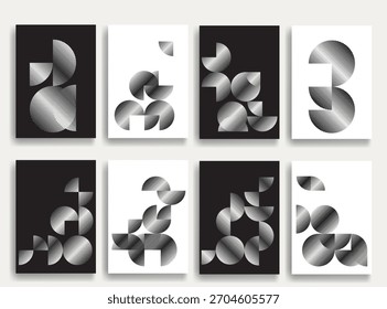 Cartazes geométricos abstratos definidos com texturas de linha fina - círculos geométricos modernos e padrão de semicírculos criados com linhas grossas e em negrito para o design moderno. Formas para cartazes e marcas. 