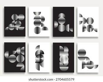 Abstrakte geometrische Plakate mit feinen Linienstrukturen - moderne geometrische Kreise und Halbkreise Muster mit dicken und fetten Linien für modernes Design erstellt. Formen für Poster und Branding. 