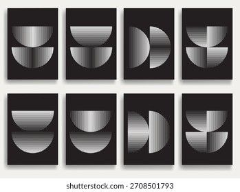 Cartazes geométricos abstratos definidos com texturas de linha fina - círculos geométricos modernos e padrão de semicírculos criados com linhas grossas e em negrito para o design moderno. Formas para cartazes e marcas. 