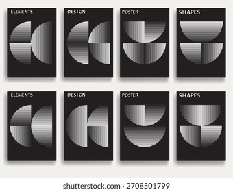 Cartazes geométricos abstratos definidos com texturas de linha fina - círculos geométricos modernos e padrão de semicírculos criados com linhas grossas e em negrito para o design moderno. Formas para cartazes e marcas. 