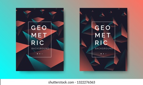 abstract geometric  posters set with flying 3d pyramids on dark background