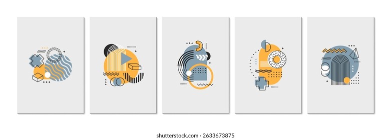 Abstract geometric posters with shapes, memphis figures and color elements. Vector modern art backgrounds with trendy modern or retro simple geometric shapes and pattern figures