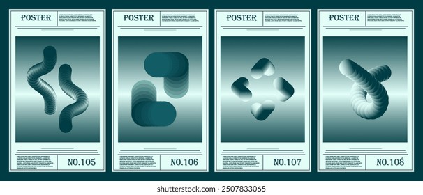 Abstract geometric posters with teal gradients and 3D shapes. Modern wall art, graphic design, high-quality prints, contemporary decor, abstract forms, fluid shapes, minimalistic design.