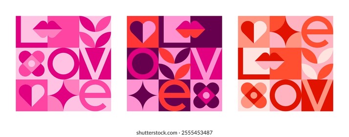 Abstract geometric posters for Valentines day with hearts and love word. Valentines day backgrounds in modern minimal style. Social media banners in love and romance concept, vector illustrations set