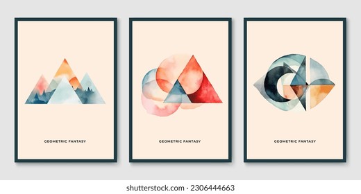 Afiches geométricos abstractos en el diseño de pintura de acuarela vectorial. Fondo artístico mural con triángulos, círculos y cuadrados. Patrones minimalistas modernos con formas gráficas simples.