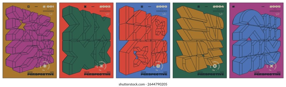 Abstract geometric postmodern composition with isometric 3D cube shape in brutalism aesthetics, Contemporary art bold minimalistic set poster, vector avant-garde volumetric forms in perspective
