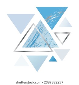 Resumen de impresión geométrica, composición con triángulos azul y plata, huella de nieve, huella de invierno, navidad navideña, feliz año nuevo, vector