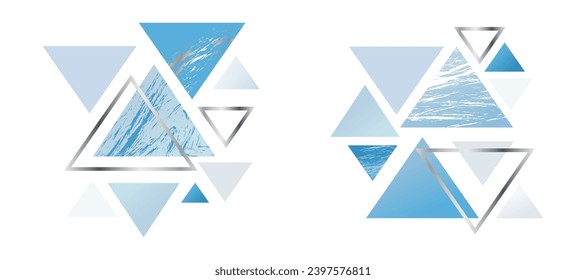 Abstract geometric print, composition with blue and silver triangles, snow print, winter print, merry christmas, happy new year, vector	
