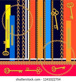 Abstract geometric print with golden chains and keys. Seamless vector pattern with colorful stripes. Women's fashon collection. On red background.