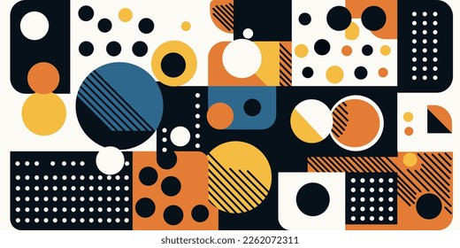 Abstract and geometric print. Rectangles, squares and circles shape design. Flat style, Retro style. Print for fabrics, wallpaper, interior.