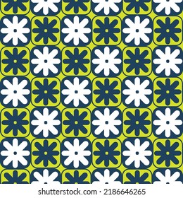 Abstract Geometric Psychedelic Monochrome Retro Florals Squares Seamless Pattern Trendy Fashion Colors Perfect for Allover Fabric Print or Wrapping Paper Lime Green Navy Blue Tones