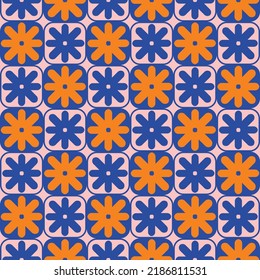 Abstract Geometric Psychedelic Monochrome Retro Florals Squares Seamless Pattern Trendy Fashion Colors Perfect for Allover Fabric Print or Wrapping Paper Royal Blue Orange Tones